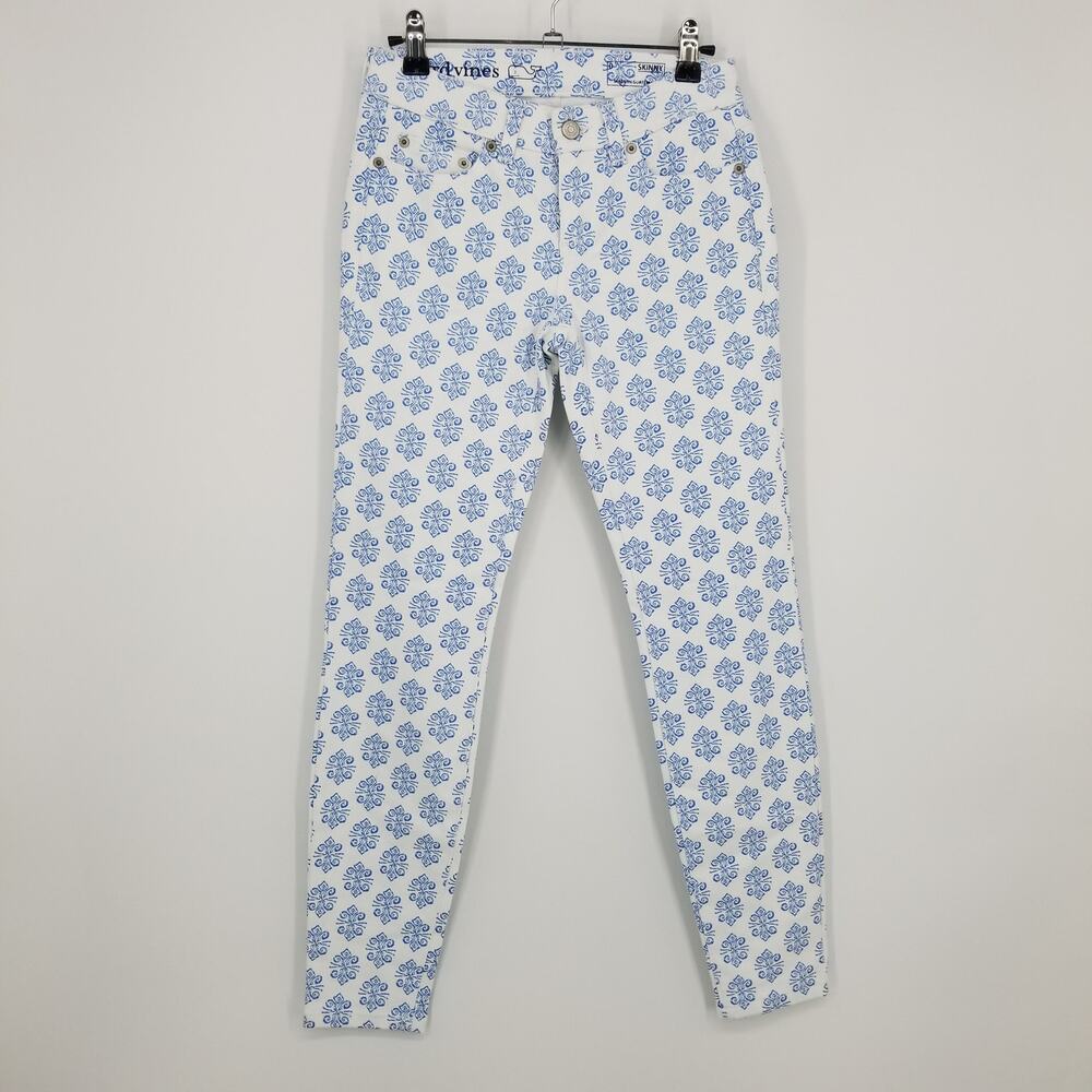Vineyard Vines Medallion Print Skinny Jeans 0 Stretch Cotton Low Rise White Blue